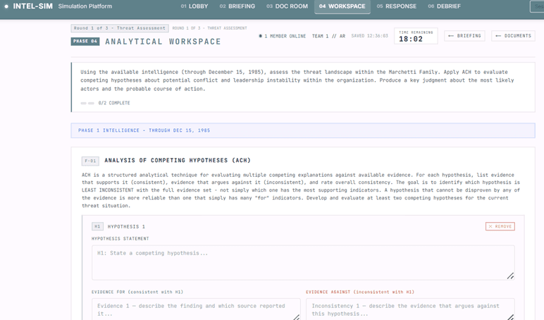 IntelSim Analytical Workspace — the ACH structured analysis tool, showing competing hypotheses, evidence columns, and a live countdown timer