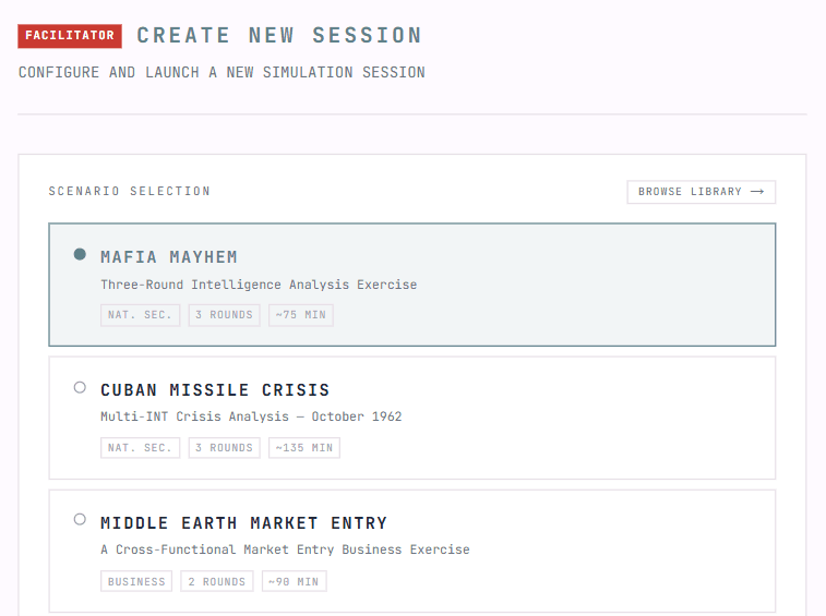 IntelSim Facilitator Dashboard — scenario selection showing Mafia Mayhem, Cuban Missile Crisis, and Middle Earth Market Entry